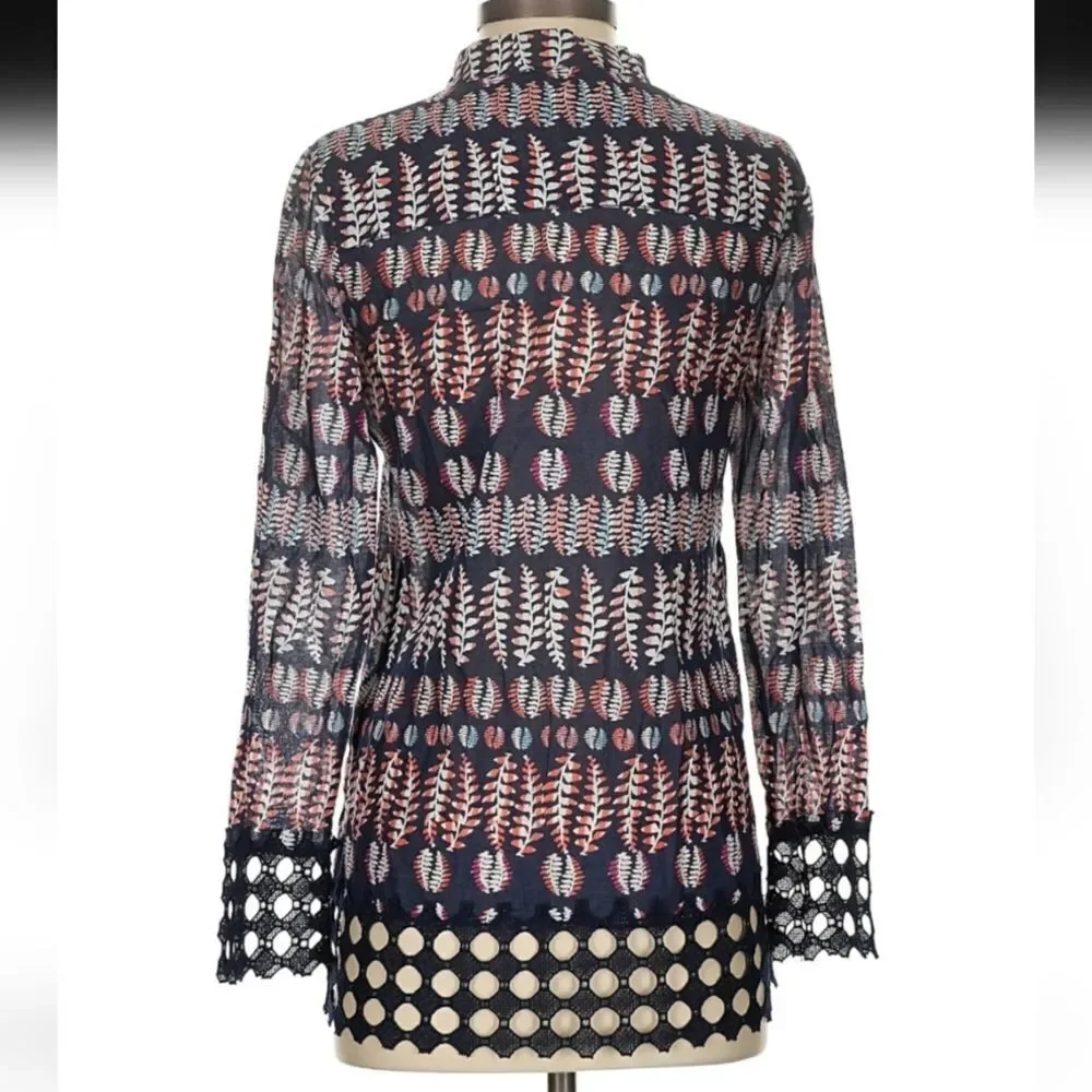 Tory Burch Semi Sheer Floral V-Neck Tunic Blouse Purple Black Size 0